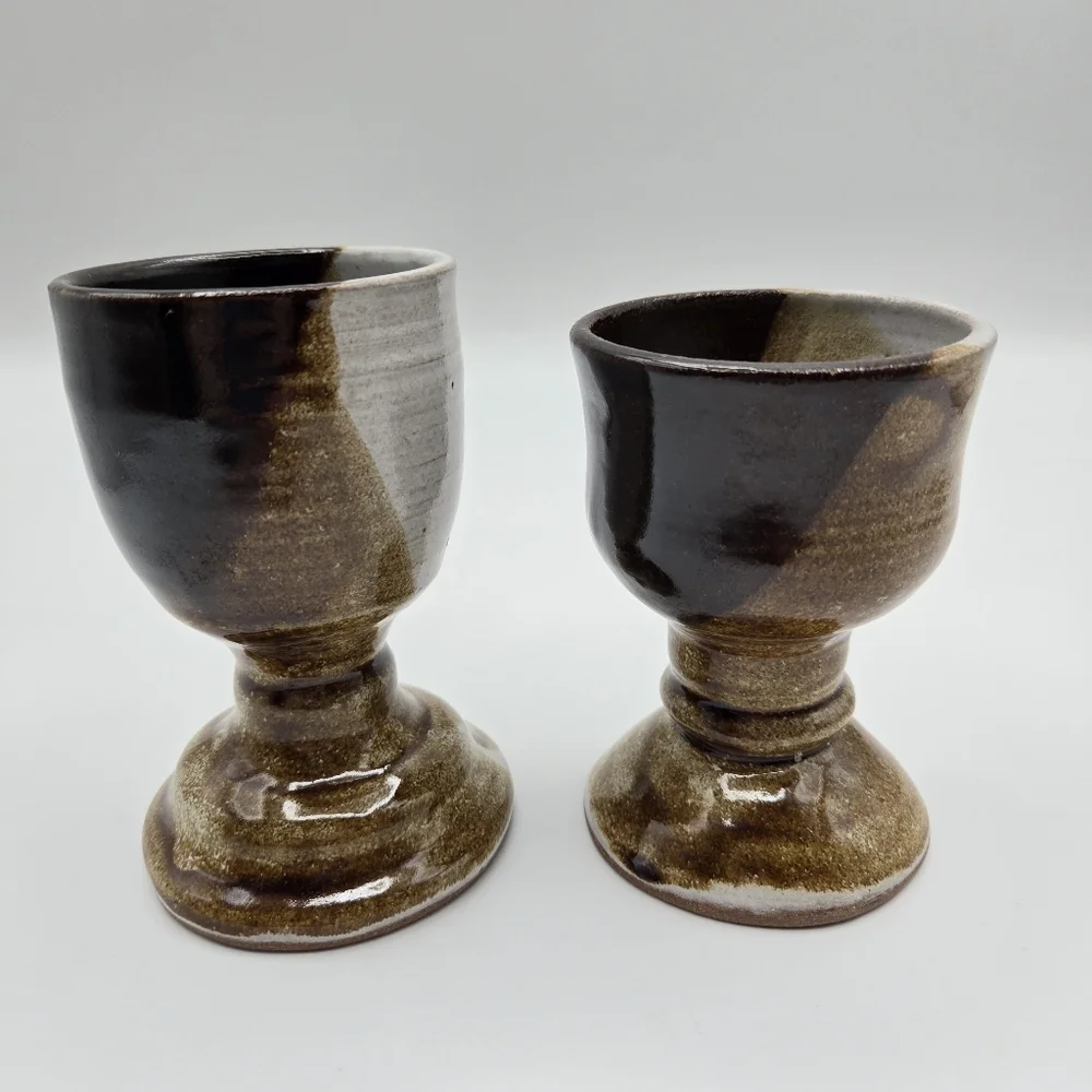 Vintage Handmade Pottery Set Of 2 Small Glazed Goblets Chalice Cups Signed JILL